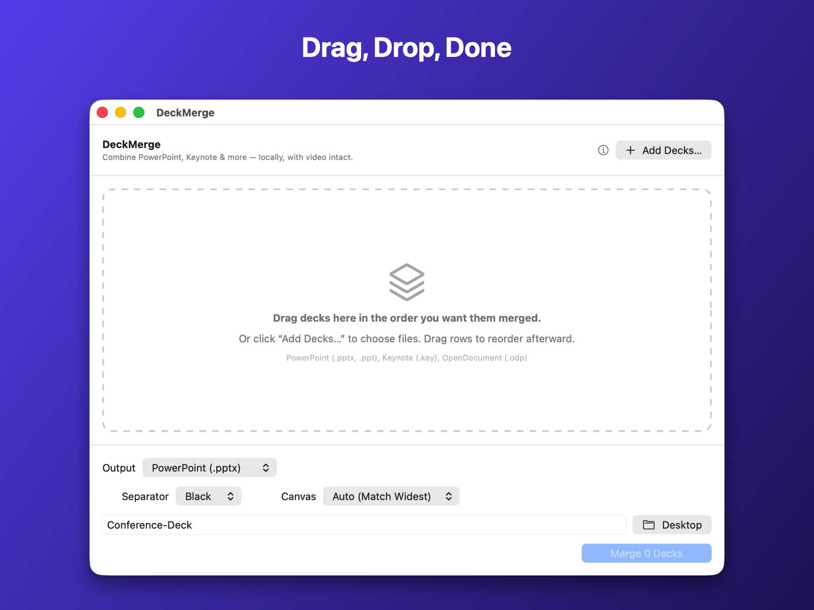 DeckMerge's drop zone ready for presentations, with output, separator, and canvas controls below