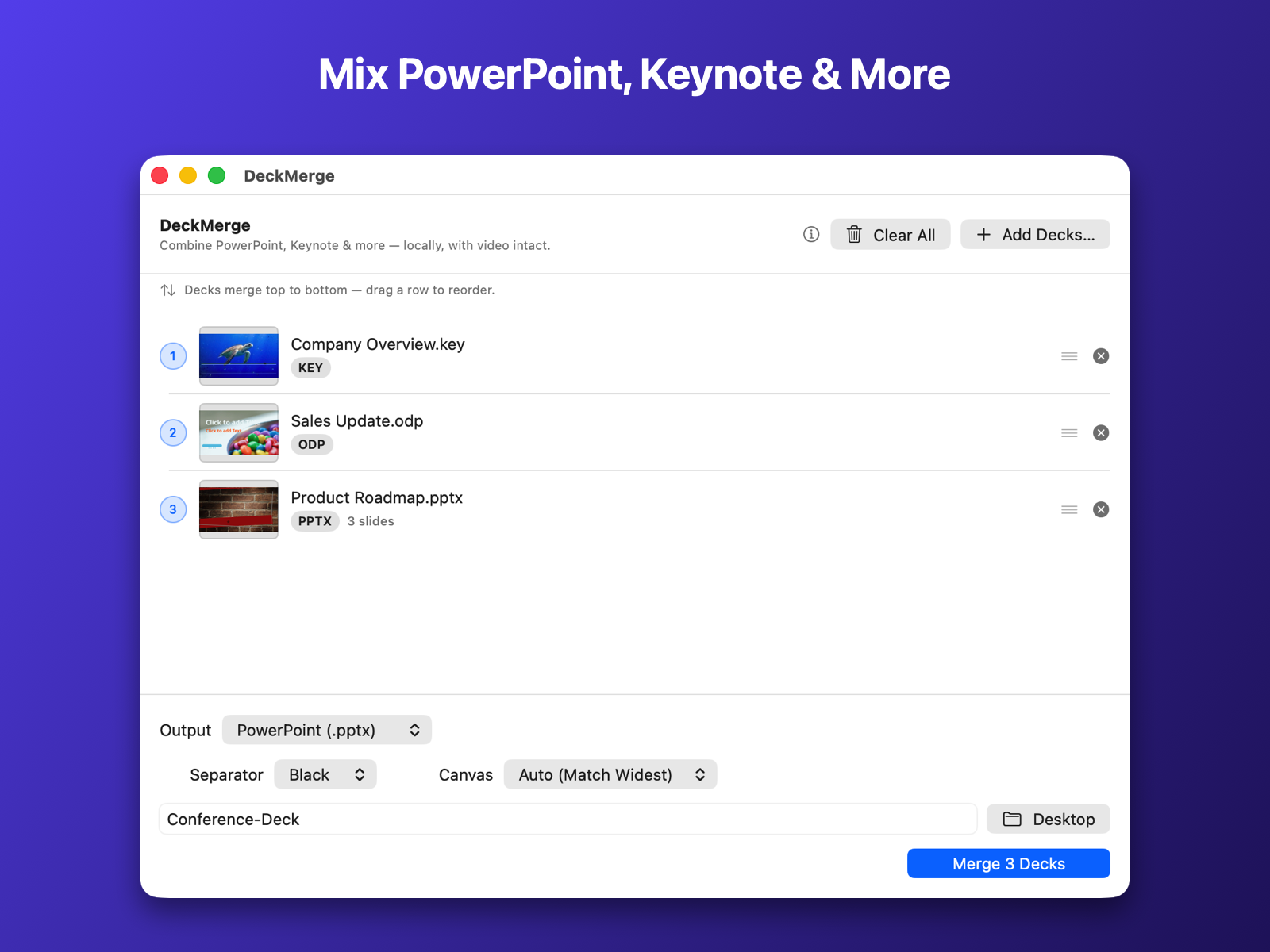 DeckMerge file list mixing a Keynote, an OpenDocument, and a PowerPoint presentation in one merge