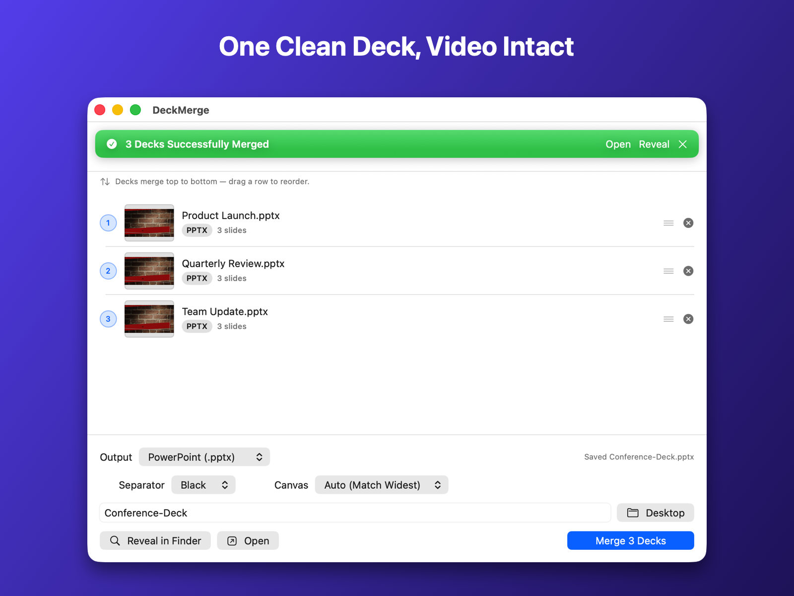 DeckMerge showing three presentations successfully merged, with Reveal in Finder and Open options